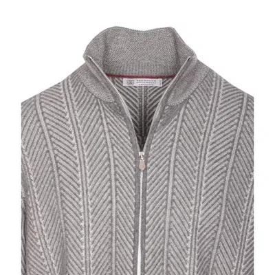 Brunello Cucinelli Chevron Knit High Neck Zipped Cardigan In Gray