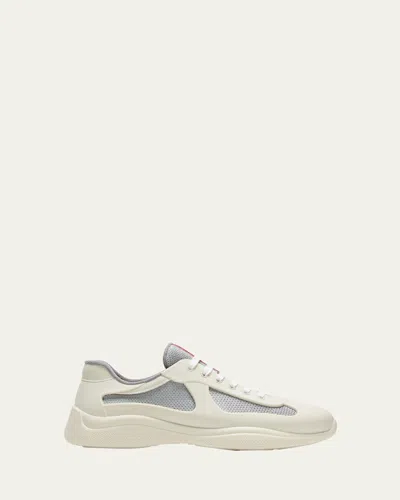 Prada Mens Neutral America's Cup Original Leather And Mesh Trainers Eur 46 / 12 Uk