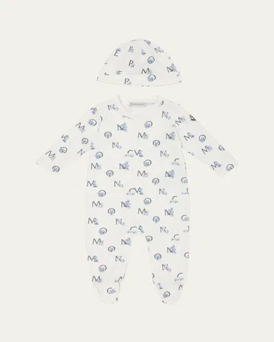 Moncler Kid's Scattered Logo-print Footie Gift Set In White
