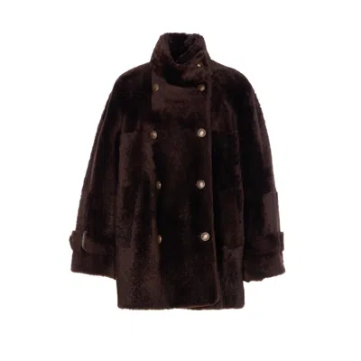 Brunello Cucinelli Leather Double-breasted Jacket High Collar In Brown