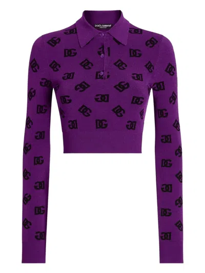 Dolce & Gabbana Long-sleeved Polo Shirt In Jacquard Viscose In Purple