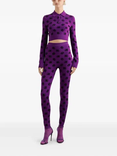 Dolce & Gabbana Jacquard Leggings Elastic Waistband In Purple