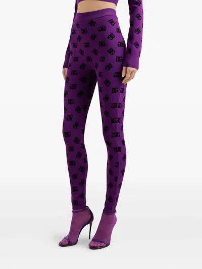 Dolce & Gabbana Jacquard Leggings Elastic Waistband In Purple