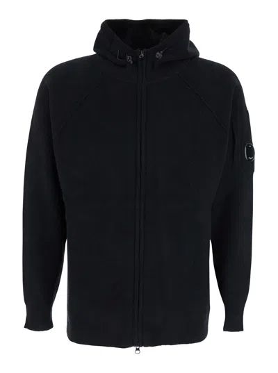 C.p. Company Black Cardigan With Drawstring Hood And Logo Plaque On The Sleeve In Black