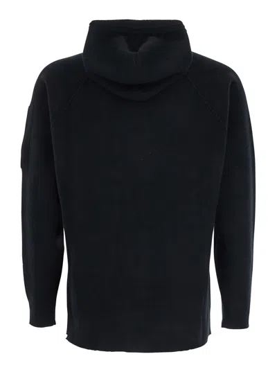 C.p. Company Black Cardigan With Drawstring Hood And Logo Plaque On The Sleeve In Black