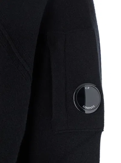 C.p. Company Black Cardigan With Drawstring Hood And Logo Plaque On The Sleeve In Black