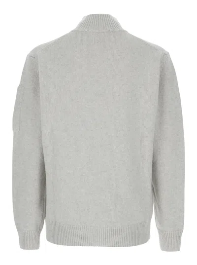 C.p. Company Grey Cardigan With High Neck And Logo Plaque On The Sleeve In Gray