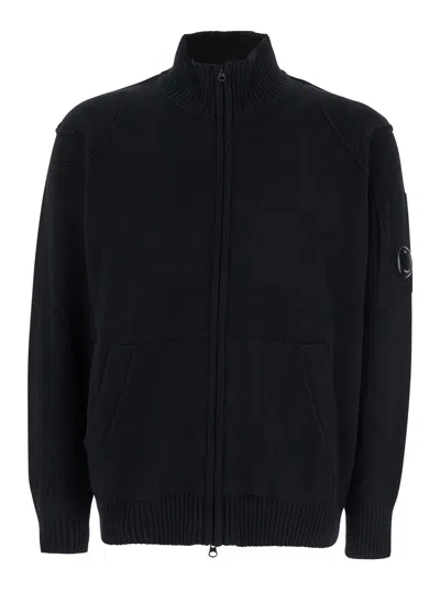 C.p. Company Black Jacket With High Neck And Logo Plaque On The Sleeve In Wool Blend Man In Black