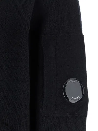 C.p. Company Black Jacket With High Neck And Logo Plaque On The Sleeve In Wool Blend Man In Black