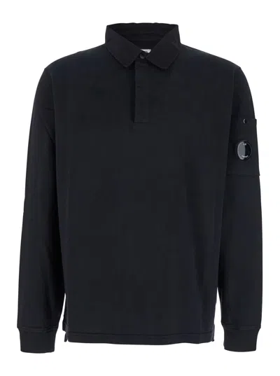 C.p. Company Black Sweatshirt With Polo Shirt Style Collar And Logo Plaque On The Sleeve In Black