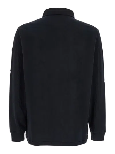 C.p. Company Black Sweatshirt With Polo Shirt Style Collar And Logo Plaque On The Sleeve In Black
