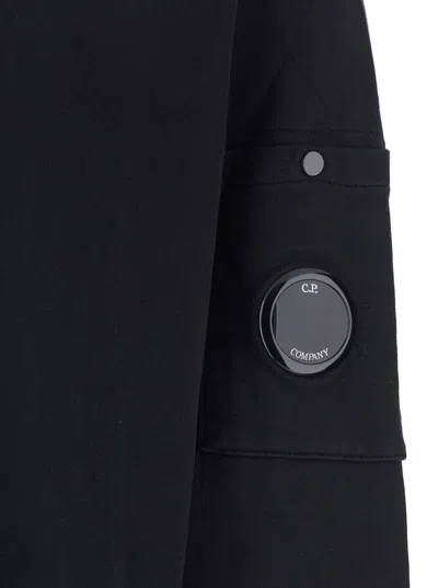 C.p. Company Black Sweatshirt With Polo Shirt Style Collar And Logo Plaque On The Sleeve In Black
