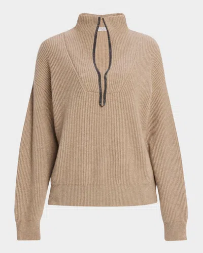 Brunello Cucinelli Ribbed Cashmere Deep-v Monili Trim Pullover