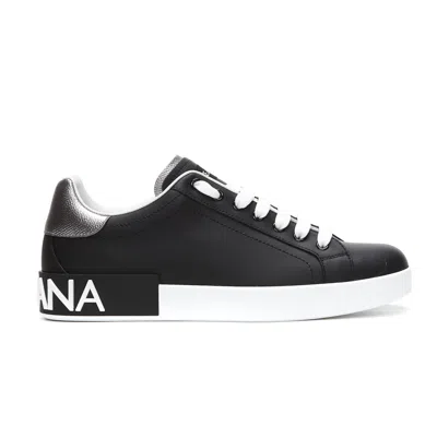 Dolce & Gabbana Portofino Sneakers In Black Leather With Silver Inserts