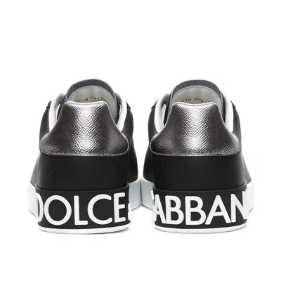 Dolce & Gabbana Portofino Sneakers In Black Leather With Silver Inserts