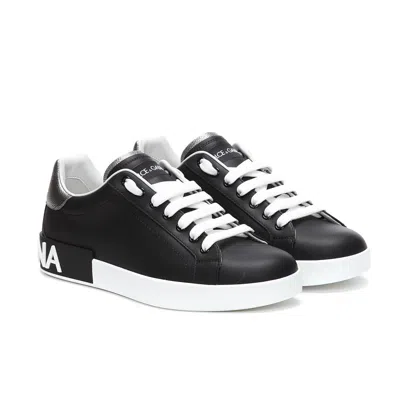 Dolce & Gabbana Portofino Sneakers In Black Leather With Silver Inserts