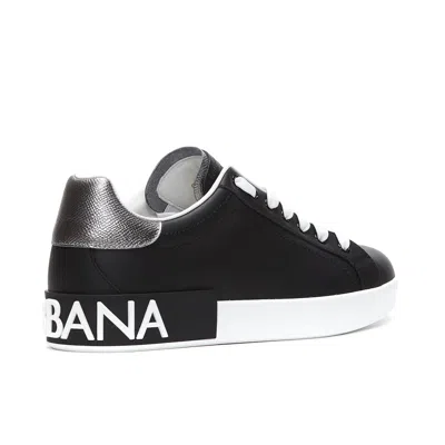 Dolce & Gabbana Portofino Sneakers In Black Leather With Silver Inserts