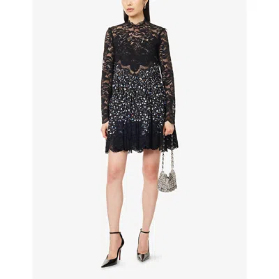 Rabanne Womens Black Lace Floral Stretch-woven Mini Dress