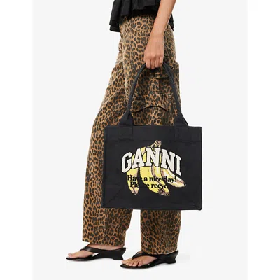 Ganni Womens Black Banana-print Large Cotton Shopper Bag