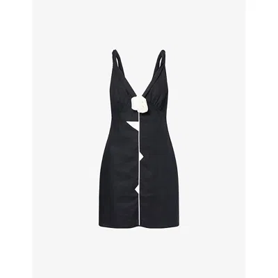 Farm Rio Womens Black Rose Pipping V-neck Linen-blend Mini Dress Xs
