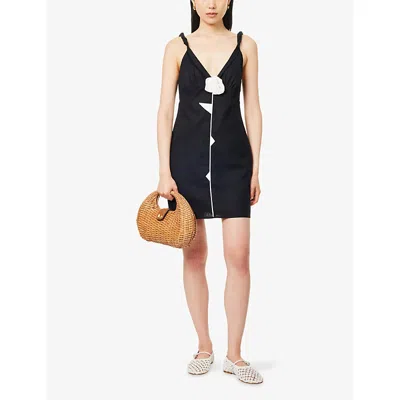 Farm Rio Womens Black Rose Pipping V-neck Linen-blend Mini Dress Xs
