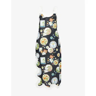 Farm Rio Womens Black Trip Souvenir Wavy-trims Linen Maxi Dress