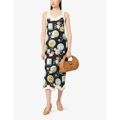 Farm Rio Womens Black Trip Souvenir Wavy-trims Linen Maxi Dress