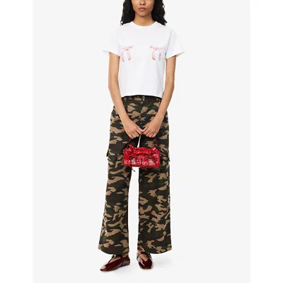 Sandy Liang Womens White Bow-print Cropped Cotton T-shirt In White
