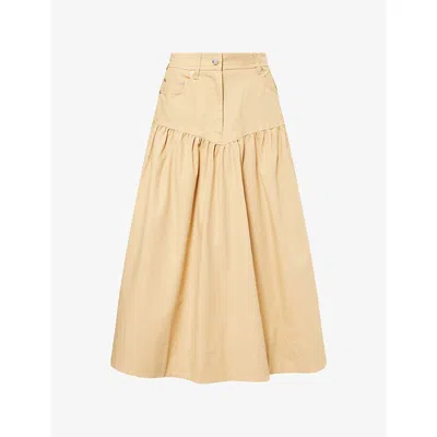 Ganni Womens Pale Khaki Summer Suiting Gathered Cotton And Linen Midi Skirt In Nude