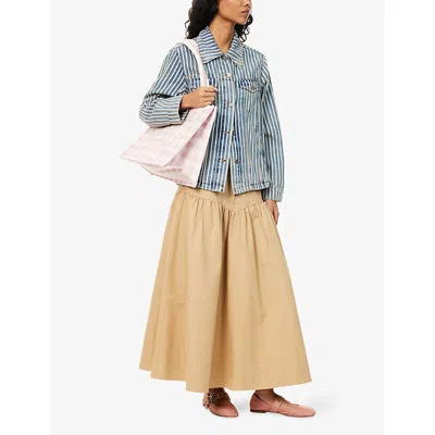 Ganni Womens Pale Khaki Summer Suiting Gathered Cotton And Linen Midi Skirt In Nude