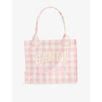 Ganni Womens Bleached Mauve Vichy Check Large Cotton Shopper Bag