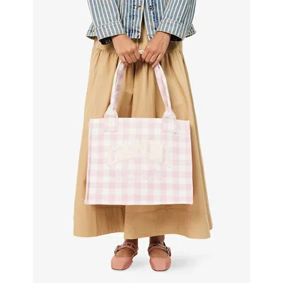 Ganni Womens Bleached Mauve Vichy Check Large Cotton Shopper Bag