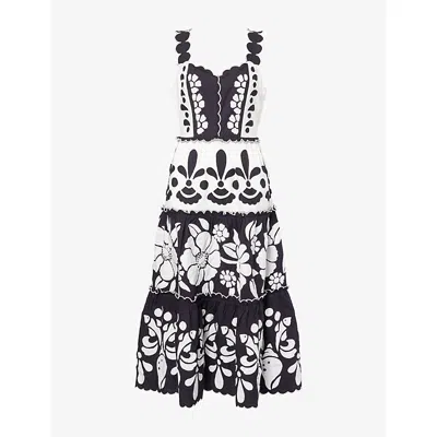 Farm Rio Womens Black And White Summer Cutwork Cotton-poplin Midi Dress