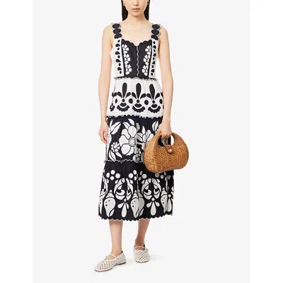 Farm Rio Womens Black And White Summer Cutwork Cotton-poplin Midi Dress