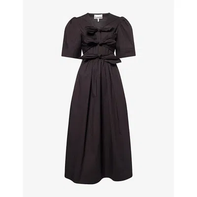 Ganni Womens Black V-neck Gathered Cotton Midi Dress