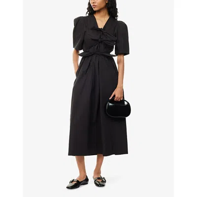 Ganni Womens Black V-neck Gathered Cotton Midi Dress