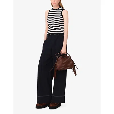 Maje Womens Navy Belted-waist Contrast-stitch Stretch-cotton Trousers In Black