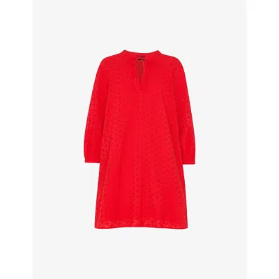 Whistles Womens Red Broderie V-neck Cotton Mini Dress