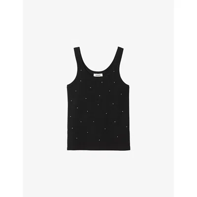 Sandro Womens Black Rhinestone-embellished Round-neck Stretch-cotton Tank Top In Black
