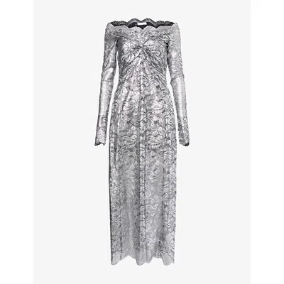 Rabanne Womens Black Silver Lace Off-shoulder Stretch-woven Midi Dress In Gray
