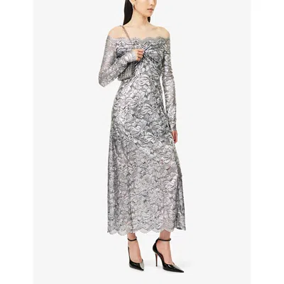 Rabanne Womens Black Silver Lace Off-shoulder Stretch-woven Midi Dress In Gray
