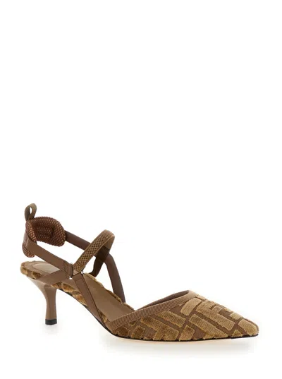 Fendi Women 'colibrì Lite' Brown Mule With Ff Motif And Padded Back Strap In Velvet And Leather Woma