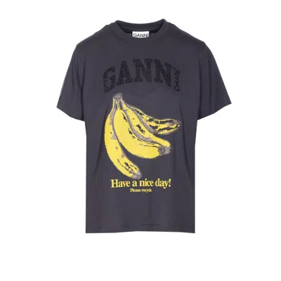 Ganni Crew-neck Cotton T-shirt With Banana Print In Black