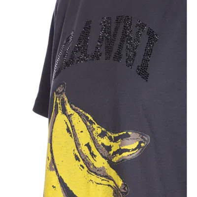 Ganni Crew-neck Cotton T-shirt With Banana Print In Black