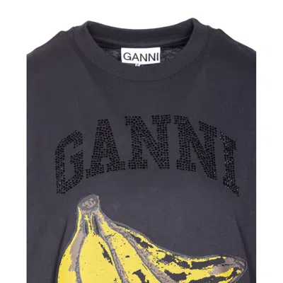 Ganni Crew-neck Cotton T-shirt With Banana Print In Black