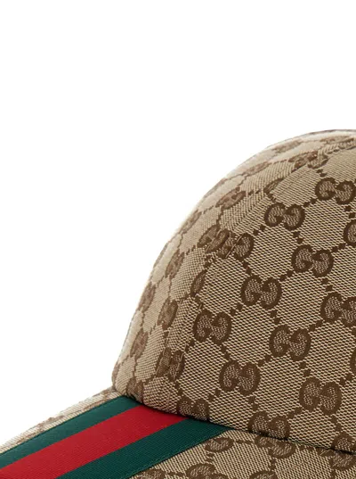 Gucci Men Beige And Ebony Baseball Cap With Web Detail In Gg Supreme Canvas Man In Green