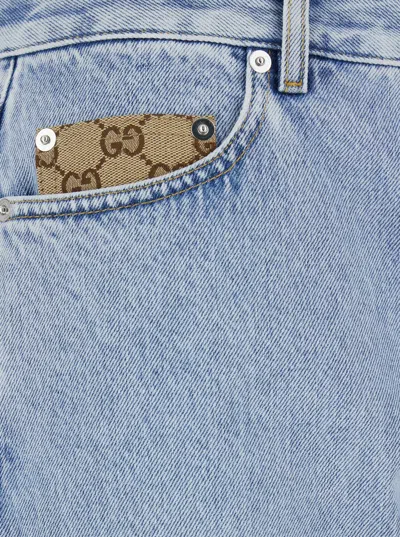 Gucci Men Light Blue Jeans With Gg Detail On The Pocket And Logo Patch On The Rear In Denim Man In Blue