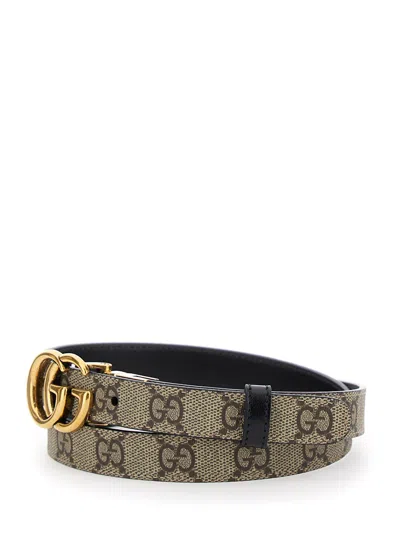 Gucci Women 'gg Marmont' Beige Reversible Thin Belt In Gg Supreme Canvas Woman