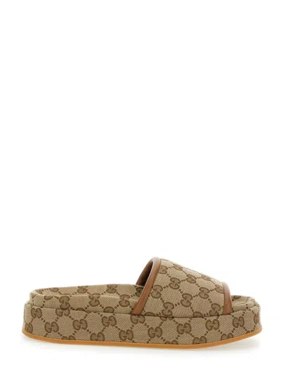 Gucci Women Beige Sandals With Leather Finishes And All-over Gg Motif In Fabric Woman