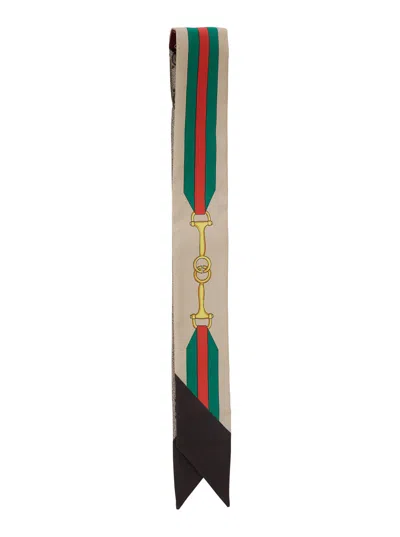 Gucci Women Beige Scarf With Logo Print And Maxi Web Detail In Silk Woman
